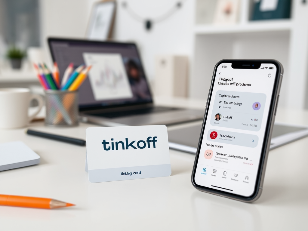 На столе есть карточка Tinkoff и телефон с интерфейсом приложения Tinkoff. На фоне видно ноутбук.